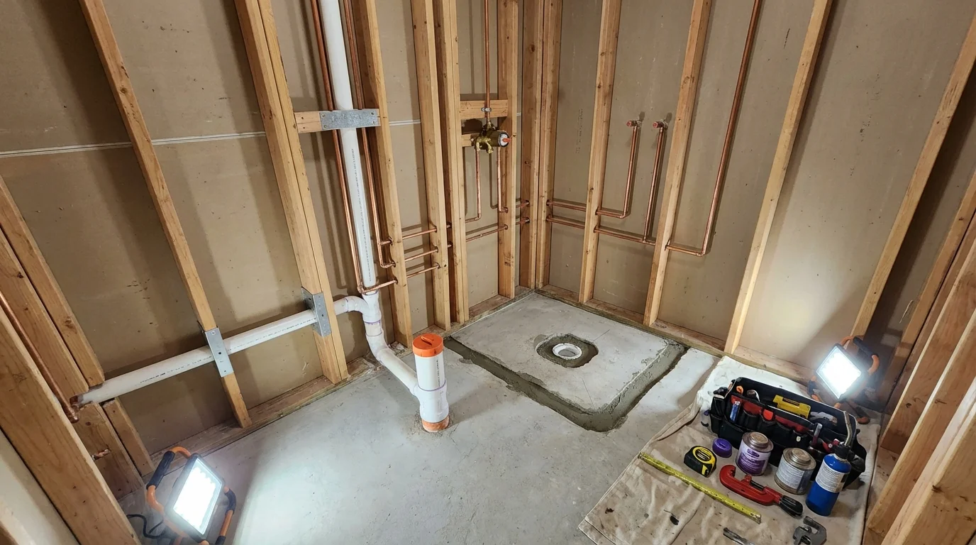 Bathroom rough-in plumbing during remodel by Johns Plumbing LLC in Rancho Palos Verdes