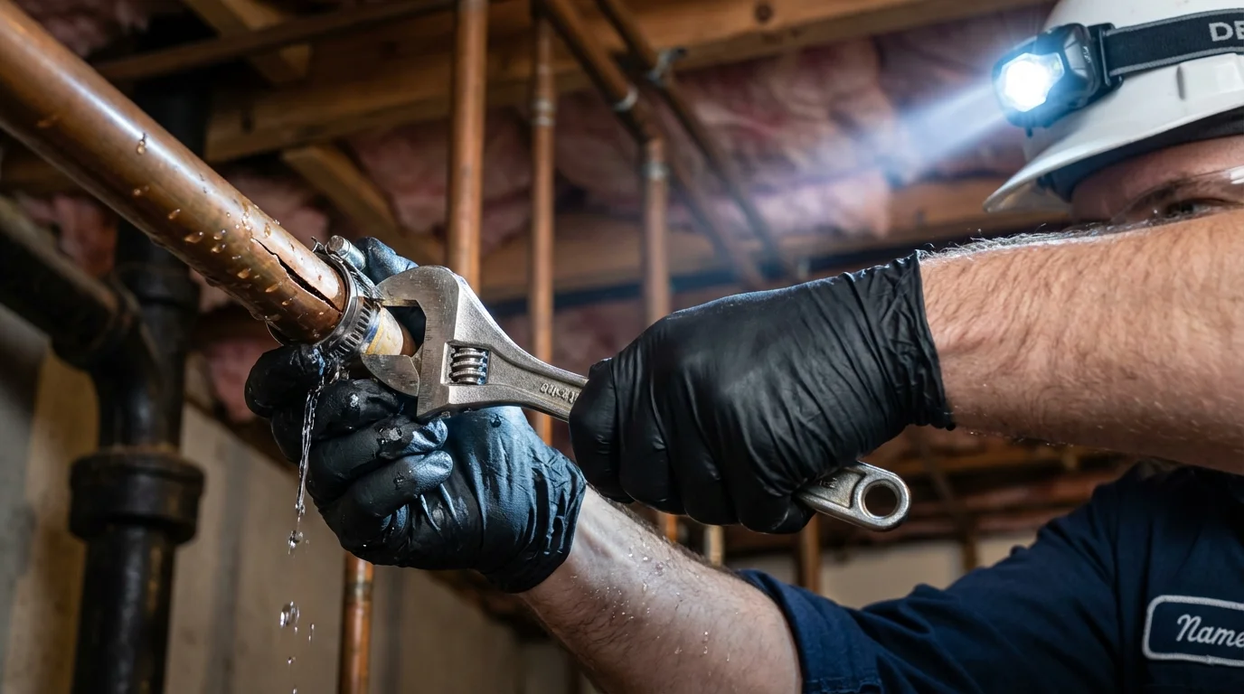 Emergency pipe clamp repair being performed by a Johns Plumbing LLC plumber in Rancho Palos Verdes