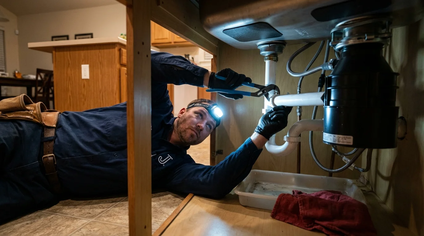 P-trap and supply line connections under a kitchen sink showing a common leak point in Rancho Palos Verdes, CA